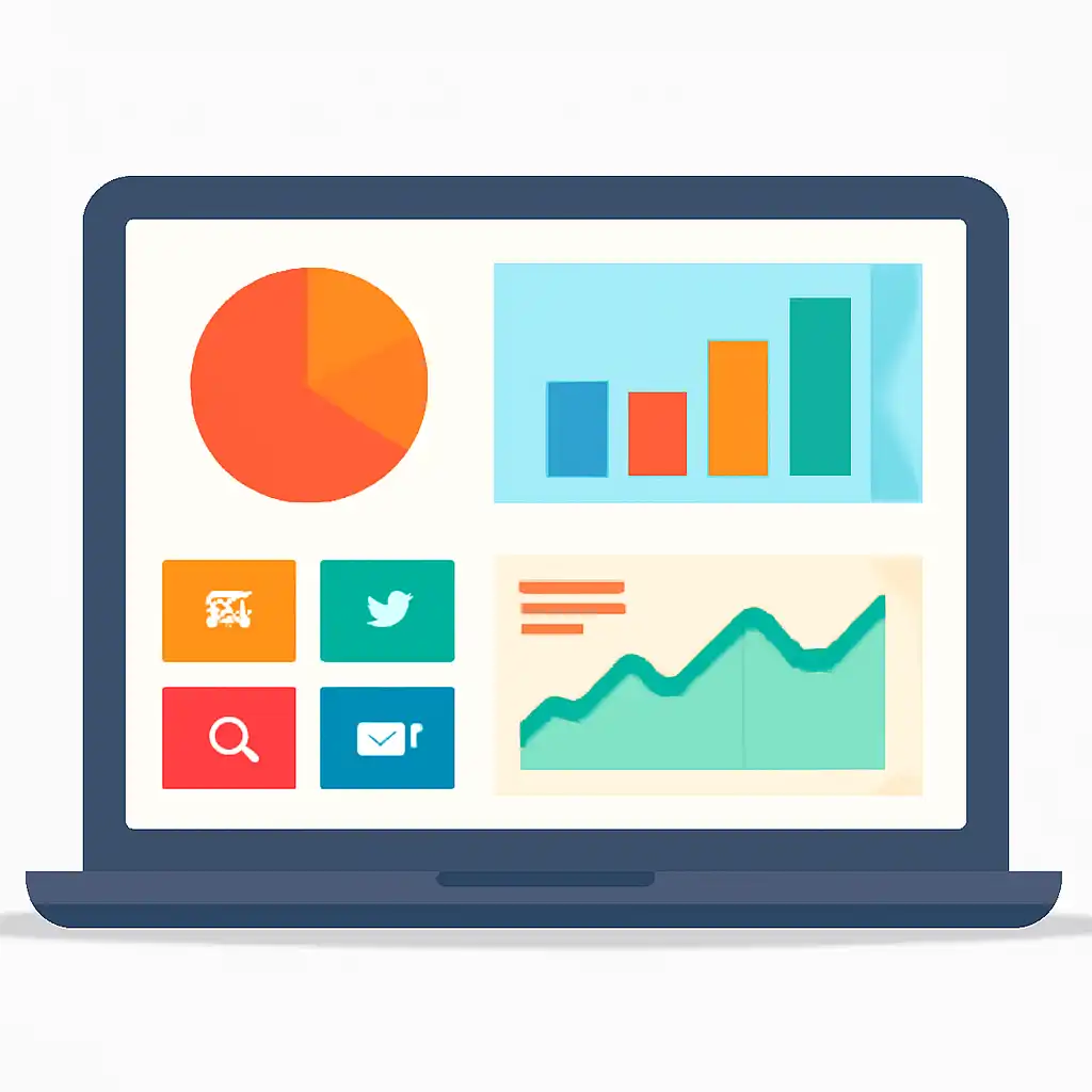Laptop shown from the front displaying a colourful flat dashboard of abstract charts, bars and icon tiles (no text, no letters, no labels), 92 Club