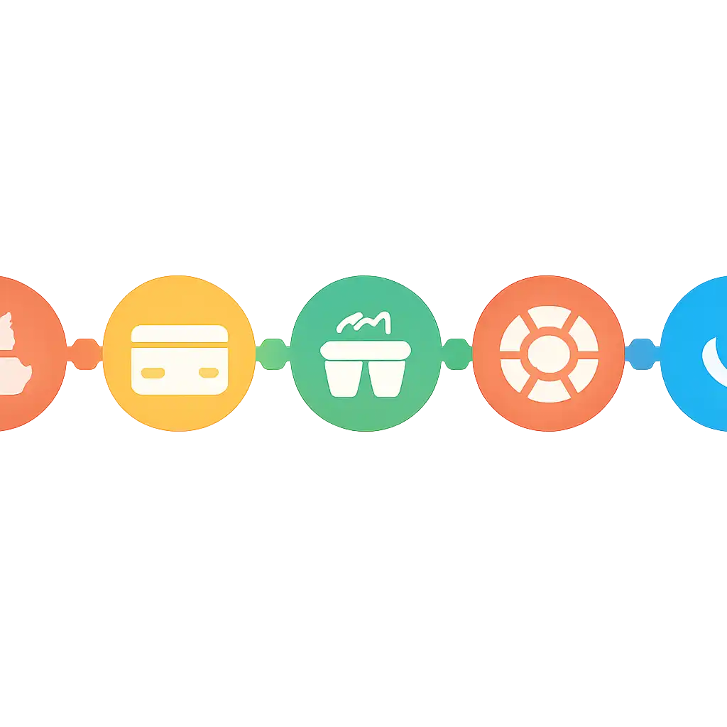 Five numbered circular icons connected by arrows in a horizontal flow, flat illustration, icons only, no words, 92 Club steps